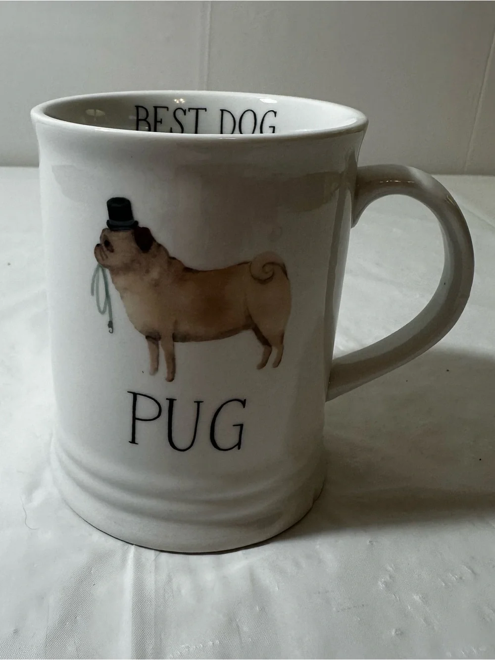 Fringe Studio White Pug Ceramic Dog Bowl Mug with‎ Top Hat Illustration